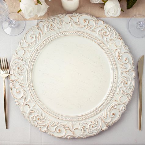 Explore our 6-pack 14" Antique White Gold Vintage Plastic Serving Plates with Engraved Baroque Rim. Perfect for adding vintage charm to your dining. ✓ Buy now! Vintage Charger Plates, White Charger Plates, Disposable Serving Trays, Charger Plates Wedding, French Dinner, Gold Charger Plate, Glass Charger Plates, White Charger, Elegant Plates