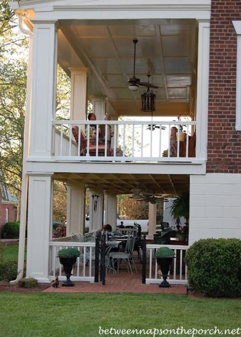 Double Porch on Back of Historic Home in Cave Spring, Georgia_ceiling on top porch Second Story Porch Balconies, 2nd Story Covered Porch, 2nd Floor Porch Ideas, Double Deck Porch, Two Story Back Porch, Screened In Porch Second Story, 2nd Story Porch, 2nd Story Sunroom, Double Porch House