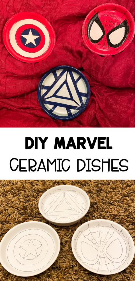 Marvel Clay Ideas Easy, Pottery Painting Marvel, Marvel Diy Crafts, Clay Marvel, Clay Plates Design, Clay Ashtrays, Ideas Arcilla, Marvel Diy, Painted Ceramic Plates