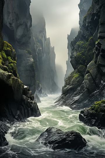 Premium Photo | River Flowing Between Two Rocky Mountains Generative AI River Between Mountains, Overgrown City, Floating Mountains, River Images, Sculpting Inspiration, Rock Cliff, Water Photos, River Flowing, Rocky River