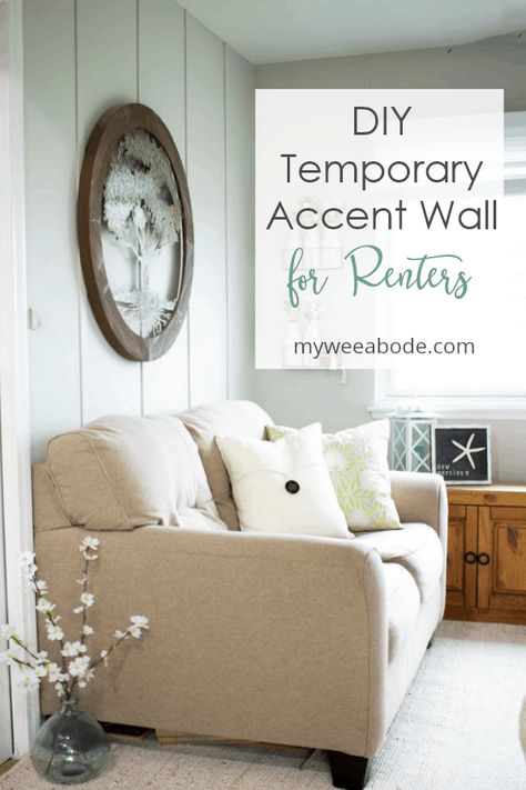 This tutorial will show you how to add a temporary accent wall to your tiny home, apartment, rental space, or dorm. Easy to remove, this diy feature wall is affordable and adds value and style to any home. #myweeabode #accentwall #diyproject #homeimprovement Diy Rental Accent Wall, Accent Wall Ideas Apartments, Rental Accent Wall Apartments, Apartment Bedroom Accent Wall, Apartment Feature Wall, Accent Wall In Apartment, Temporary Accent Wall Ideas, Affordable Accent Wall, Rental Wall Ideas