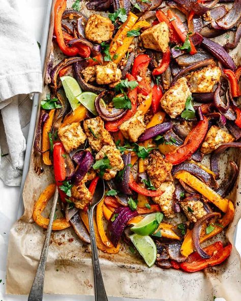 These are the best sheet pan Tofu Fajitas! Taco-seasoned bell peppers, onions, and tofu chunks are baked until crisp and then layered in tortillas. Easy to customize and perfect for busy weeknight dinners. Tofu Fajitas Recipes, Tofu Fajitas, Pan Tofu, Tofu Recipes Easy, Plant Based Recipes Dinner, Plant Based Dinner, Raw Vegetables, Tofu Recipes, Vegetarian Meals