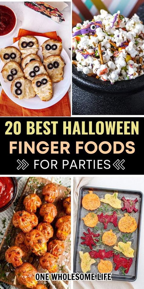 Collage of halloween appetizers. Easy Halloween Appetizers, Spooky Party Ideas, Vegetarian Halloween, Halloween Themed Appetizers, Adult Halloween Party Food, Grilled Cheese Bites, Cheddar Grilled Cheese, Apple And Cheddar, Fun Halloween Appetizers