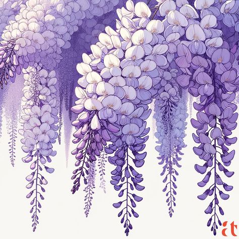 Japanese Wisteria Art, How To Draw Wisteria, Japanese Wisteria Tattoo, Wisteria Tree Drawing, Wisteria Flower Drawing, Wisteria Anime, Wisteria Illustration, Wisteria Drawing, Japan Wisteria