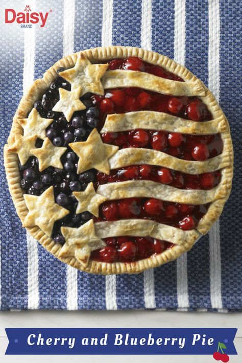 This festive Cherry and Blueberry Pie is the perfect patriotic dessert to pair with your 4th of July activities. Fruit Kabob, Pizza Fruit, Daisy Sour Cream, Daisy Brand, Canning Cherry Pie Filling, July Desserts, Patriotic Food, Patriotic Desserts, Canned Cherries