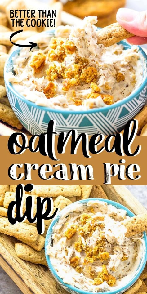 Your childhood favorite Oatmeal Cream Pies are even better as a dip! Cream Cheese, powdered sugar, and crumbled oatmeal cream pies, scooped out with cinnamon graham sticks can't be beat! #oatmealcreampie #sweetdips Pie Dip Recipes, Sweet Cream Cheese Dip, Desert Dips, Oatmeal Cream Pie, Sweet Dip, Creamy Oatmeal, Pie Dip, Dessert Dip, Cheese Dips