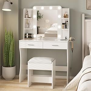 Vanity Desks, Desk With Lights, Vanity Table With Lights, Modern Vanity Table, Makeup Vanity Lighting, Lights Makeup, Vanity Desk With Mirror, Desk With Mirror, Mirror Drawers