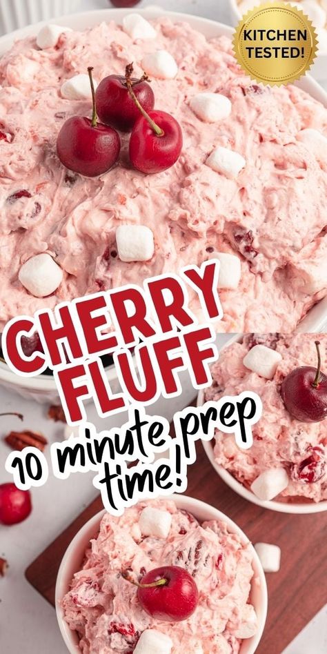 This classic, easy Cherry Fluff recipe has a creamy and fluffy texture with soft marshmallows and tender pieces of cherry. The whipped topping and marshmallows create an airy texture that melts in your mouth to serve at potlucks, bbq's or holiday family gatherings. Cherry Marshmallow Dessert, Enchiladas Sour Cream, Christmas Treats Kids, Fluff Deserts, Fluff Fruit Salad, Cherry Jello Recipes, Sandwich And Soup, Cherry Salad Recipes, Jello Salad Recipes