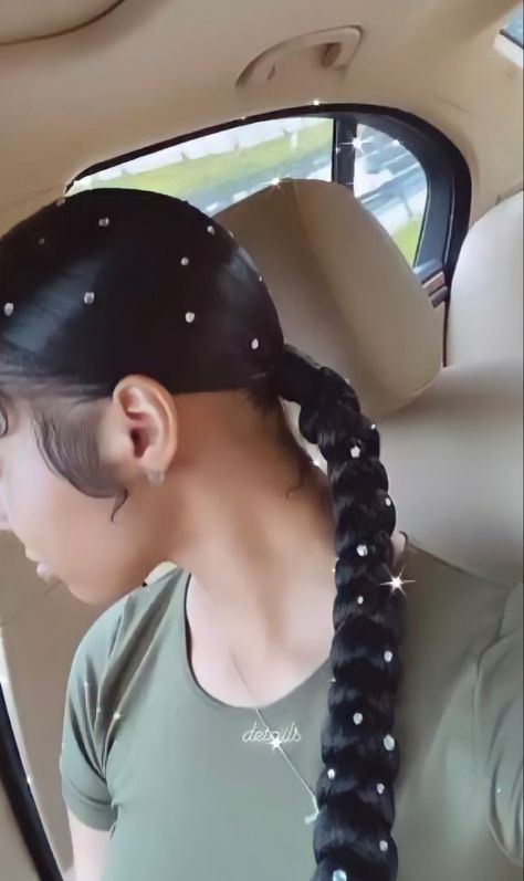 Rhinestone Ponytail Braid, Braided Ponytail With Pearls, Rhinestone Ponytail, Hair Clips Braids, Prom 2k24, Braided Ponytails, Baddie Lifestyle, Sparkle Pony, Slicked Back Ponytail