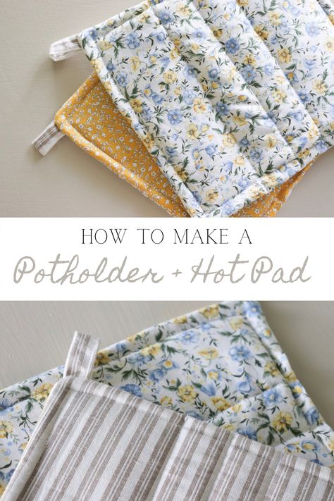 Hand Sewn Potholders, Diy Quilted Potholders, Scrap Fabric Decor, Easy Kid Sewing Projects, Yarn Stitching On Fabric, How To Make Hot Pads, How To Quilt Fabric, Homemade Sewing Christmas Gifts, Quilted Kitchen Projects