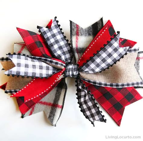 Easy 5-minute messy bow tutorial. Learn how to make a bow out of ribbon for a wreath, centerpiece, door sign or gift. Love this Buffalo Check Plaid Bow Tutorial Craft! See more at LivingLocurto.com Fireplace Staircase, Christmas Wreath Bow, Diy Wreath Bow, Xmas Tree Toppers, Christmas Bows Diy, Plaid Wreath, Christmas Wreath Bows, Homemade Bows, Buffalo Check Christmas