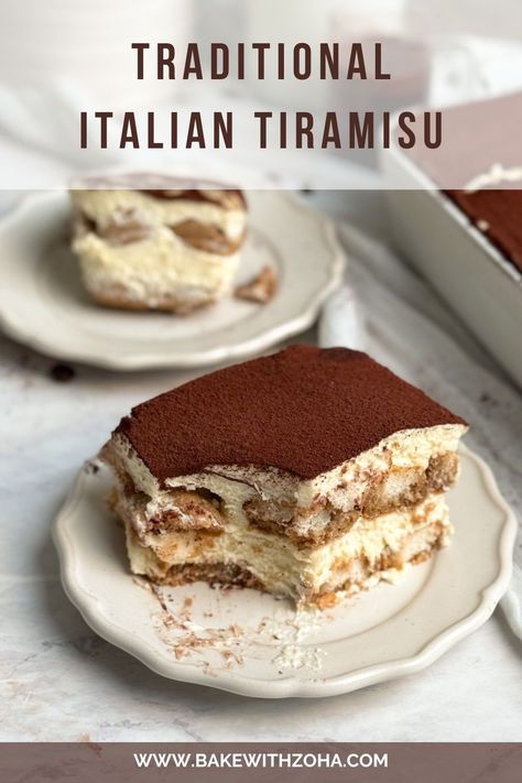 This authentic Italian tiramisu recipe is simple, easy, and made without alcohol, making it perfect for any holiday gathering, party, or any occasion where you're feeding a crowd. With just the right ratio of ladyfingers to mascarpone cream, this traditional dessert is quick to prepare, ensuring a delightful sweet treat. Head to bakewithzoha.com for the full recipe. Tiramisu Recipes Easy, Tiramisu With Kahlua, Tiramisu With Alcohol, Nutella Tiramisu Recipes, Classic Italian Tiramisu, Italian Tiramisu Authentic, Tiramisu Recipe Fruit, Tiramisu Ladyfingers Recipe, Gf Tiramisu Recipe