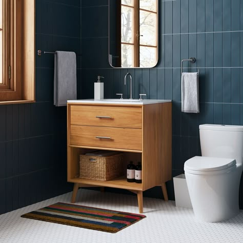 Mid-Century Open Storage Single Bathroom Vanity (24"–49") - Acorn | West Elm Mid Century Bathroom Vanity, Midcentury Modern Bathroom, Bathroom Vanity Decor, Bathroom Organization Ideas, Mid Century Modern Bathroom, Bathroom Storage Ideas, Mid Century Bathroom, Small Bathroom Vanities, Vanity Design