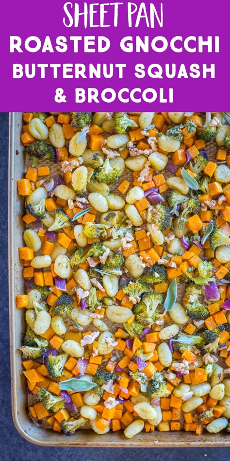 This Sheet Pan Roasted Gnocchi, Butternut Squash and Broccoli is such a hearty and delicious vegetarian sheet pan meal! You just toss all the ingredients together and then roast for about an hour! It's also vegan and can easily be made gluten free! Perfect for a filling fall dinner your whole family will enjoy! #sheetpandinner #vegetarian #sheetpan #vegan #healthy #fall #winter #gnocchi Vegetarian Sheet Pan Dinners, Dinner Gnocchi, Roasted Gnocchi, Vegetarian Sheet Pan, Sage Butter, Sheet Pan Suppers, Sheet Pan Dinners Recipes, Sheet Pan Meals, Fall Dinner Recipes