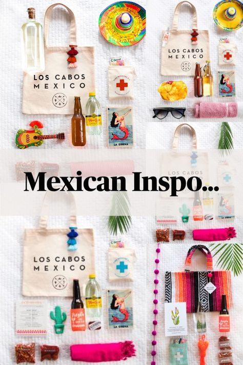 A beautiful flatlay featuring creative Mexican wedding souvenirs, including a Los Cabos tote bag, mini tequila bottles, hangover kits, colorful maracas, and Mexican-inspired decor items. Perfect for destination wedding inspiration. Mini Tequila Bottles, Unique Destination Wedding Ideas, Mexican Souvenirs, Welcome Bag Ideas, Mexican Wedding Ideas, Functional Gifts, Mexican Wedding Dress, Unique Destination Wedding, Wedding In Mexico