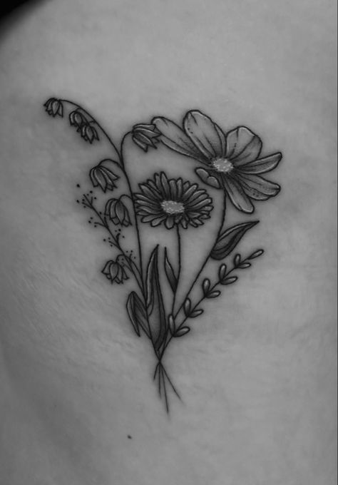 Aster And Lily Of The Valley Flower Tattoo, Lily Of The Valley And Cosmos Tattoo, Tattoos Birth Flowers, Birth Flower Bouquet Tattoo, Cosmos Tattoo, Flower Bouquet Tattoo, October Birth Flowers, Birth Flower Bouquet, Flowers Lily