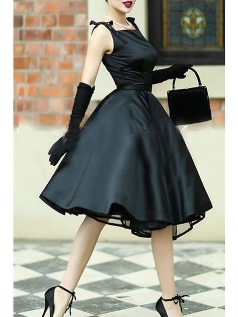 A-Line Cocktail Dresses 1950s Dress Graduation Tea Length Sleeveless Square Neck Satin with Sash / Ribbon Bow(s) Pure Color 2023 2023 - US $148.99 Vintage Inspired Dresses Formal, Unique Vintage Dress, Black Dress With Bows, Vintage Dress 50s, Cocktail Dress Elegant, Pleated Skater Dress, Sparkle Prom Dress, Cheap Cocktail Dresses, Cocktail Dresses Online