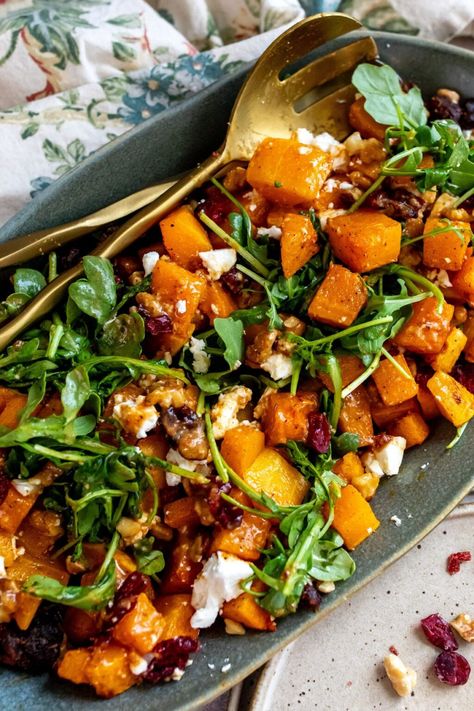 Butternut Squash Feta Salad  - Sailor Bailey Date Vinaigrette, Date Dressing, Butternut Squash Feta, Healthy Fall Salads, Sailor Bailey, Winter Salad Recipes, Thanksgiving Salad, Butternut Squash Salad, Squash Salad