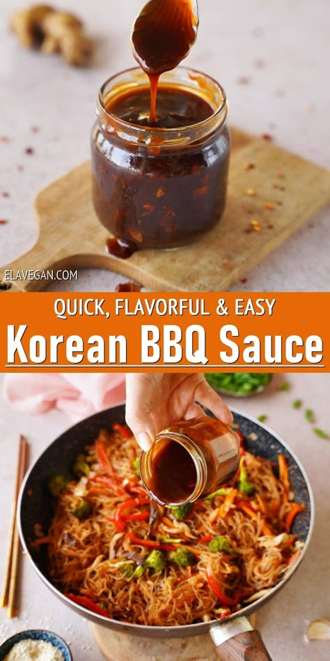 Make a delicious Korean BBQ sauce in just minutes. This brown stir-fry sauce is salty, sweet, sticky, tangy, and slightly spicy thanks to gochujang paste – perfect for glazing, marinating, drizzling, and dipping! #koreanbbqsauce #asianbbqsauce #koreansauce #stirfrysauce #brownsauce #elasrecipes | elavegan.com Korean Stir Fry Sauce, Korean Barbecue Sauce Recipe, Chinese Bbq Sauce, Asian Bbq Sauce, Gochujang Paste, Stir Fry Sauce Recipe, Korean Bbq Beef, Korean Bbq Sauce, Asian Sauces