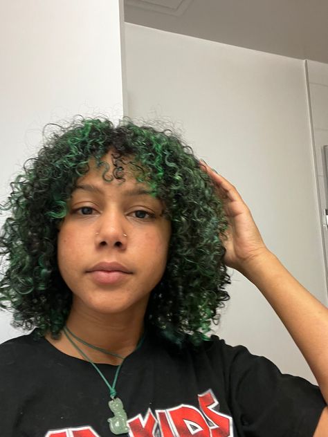 Green Hair Dye Black Women, Green Curly Hair Natural Curls, Curly Green Hair, Green Hair Highlights, Dyed Curly Hair Ideas, Green Curly Hair, Hair Color Combos, Natural Hair Styles Ideas, 3b 3c Hair