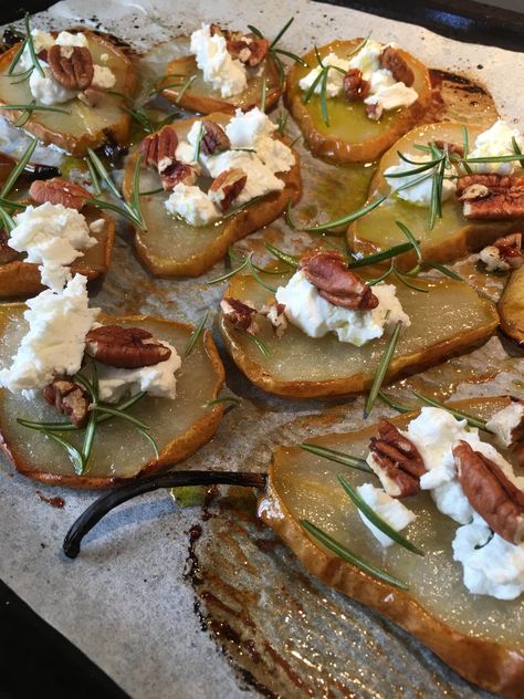 Pears With Goat Cheese, Honey Thyme Roasted Pears, Goat Cheese Stuffed Dates With Pistachios, Roasted Pear Salad Recipes, Baked Pears With Goat Cheese, Roasted Pears Recipes, Pear Goat Cheese, Romantic Picnic Food, Rosemary Pecans