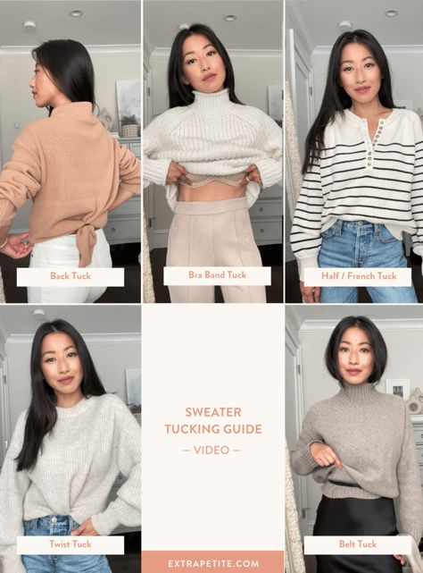 how to tuck a sweater video guide Cable Knit Sweater Tuck, Office Outfits Women Sweater, Big Sweater Hacks, Too Big Sweater Hack, Sweater Too Big Hacks, Sweater Office Outfits, Petite Office Outfits, Layered Sweater Outfits, Big Sweater Outfit