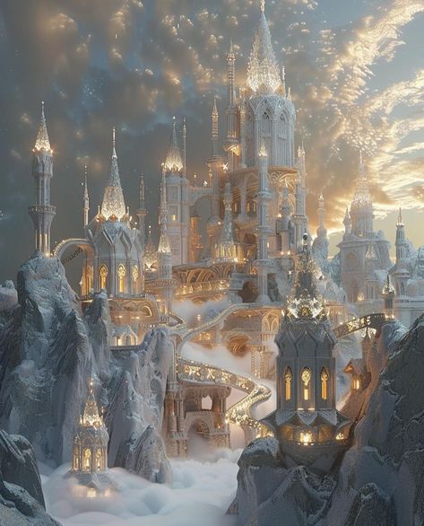 Castle In The Clouds Aesthetic, Cloud Castle Aesthetic, Fantasy Castle In The Sky, Snow Fantasy Aesthetic, Sky Kingdom Aesthetic, Whimsical Winter Wonderland, Snow Kingdom Aesthetic, Winter Castle Fantasy Art, Snow Castle Aesthetic