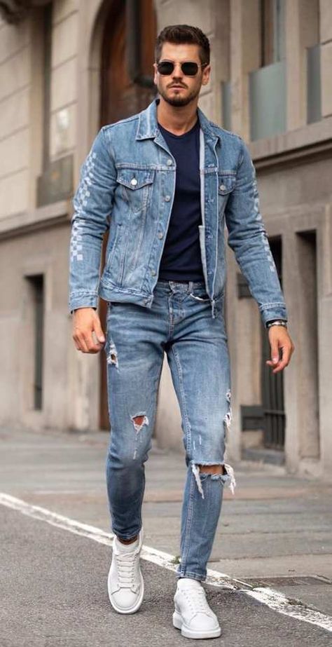 Denim On Denim Outfit Men, Men Denim Outfit, Denim Jeans Outfit Men, All Denim Outfits, Denim Pants Outfit, Mens Fall Outfits, Denim Outfit Men, Denim Jeans Outfit, Jeans Outfit Spring