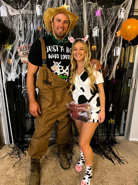 Cow Farmer Costume, Girl Farmer Costume, Farmer Costume Mens, Farmer Outfit Women Costume, Farmer And Cow Costume Couple, Milk Maid And Cow Costume, Farm Animal Costumes Women, Farmer Costume Women, Farm Animal Halloween Costumes