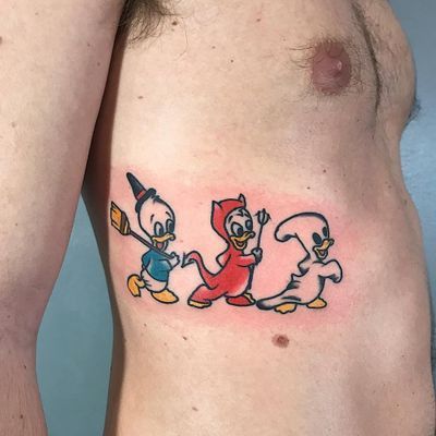 Donald Duck Tattoo, Siblings Tattoo For 3, Wings Flying, Duck Tattoos, 3 Brothers, Buddha Tattoos, Devil Tattoo, Ghost Witch, Sibling Tattoos