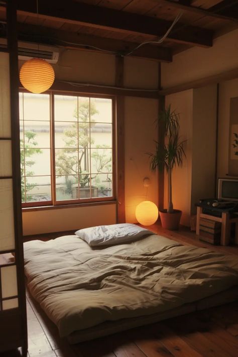 Tatami Room Decor, Japanese Tatami Bedroom Ideas, Japanese Mattress Bedroom, Japanese Bedroom Style, Studio Apartment Japanese Style, Japanese Sleeping Room, Cozy Japanese Interior, Vintage Japanese Interior, Japanese Style Room Bedroom Designs