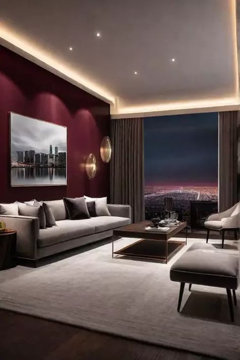 Living room with burgundy accent wall Maroon Living Room Walls, Burgundy Color Combinations Living Room, Maroon Walls Living Room, Burgundy Feature Wall, Burgundy Walls Living Room, Burgundy Interior Design, Burgundy Accent Wall, Maroon Living Room, Bedroom 2025