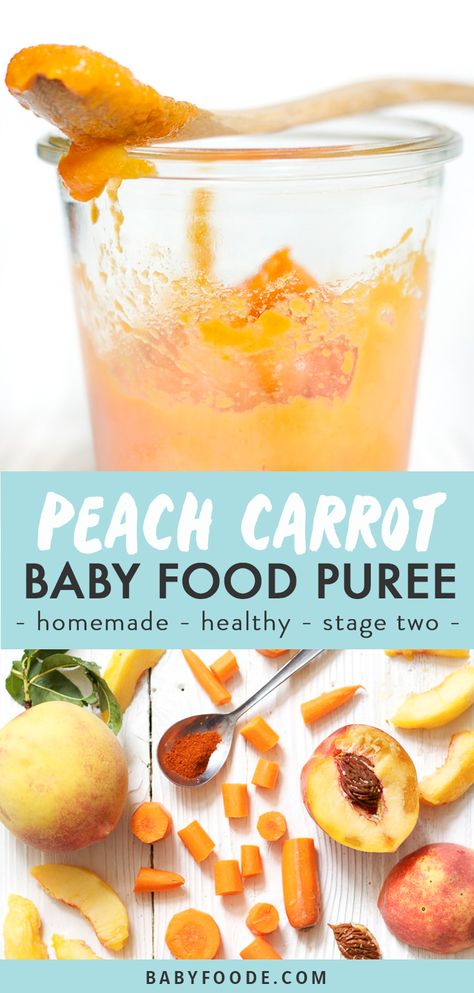 This fun roasted Peach+ Carrot Baby Food Puree will delight baby's taste buds! Made with 2-ingredients - peaches and carrots, which are roasted to bring out their own natural flavors. Great for babies 6 months and older - stage two puree. #babyfood #healthy #homemade #stage2 Carrot Baby Food, Baby Food Vegetables, Instant Pot Baby Food, Homemade Baby Puffs, Homemade Baby Food Storage, Baby Food Recipes Stage 1, Stage 2 Baby Food, Carrot Baby, Easy Homemade Baby Food