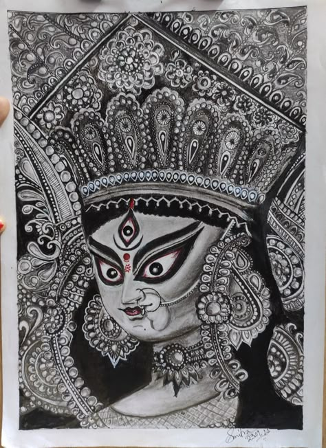 Welcoming Ma Durga in this puja time in my way❤️ Durga Puja Kolkata Drawing, Durga Goddess Mandala Art, Mandala Durga Maa, Durga Puja Sketch, Durga Maa Aesthetic Drawing, Durga Puja Mandala Art, Drawing For Durga Puja, Durga Puja Aesthetic Drawing, Maa Durga Drawing Sketch Realistic