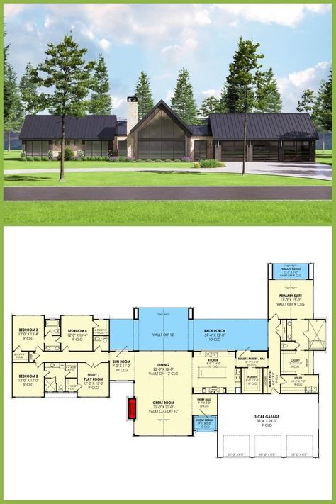 Porch Floor Plan, Modern Ranch Home, 1 Story House, Ranches Living, Porch Floor, 4 Bedroom House Plans, Modern Ranch, Porch Flooring, Flex Room