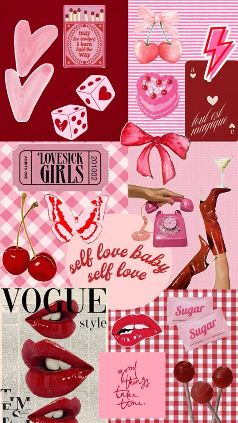 Preppy, cute, light pink, red, collage Pink And Red Wallpapers, Red Collage, February Wallpaper, Valentines Wallpaper Iphone, Jelly Wallpaper, Retro Wallpaper Iphone, Valentine Background, Iphone Wallpaper Pattern, Whatsapp Wallpaper