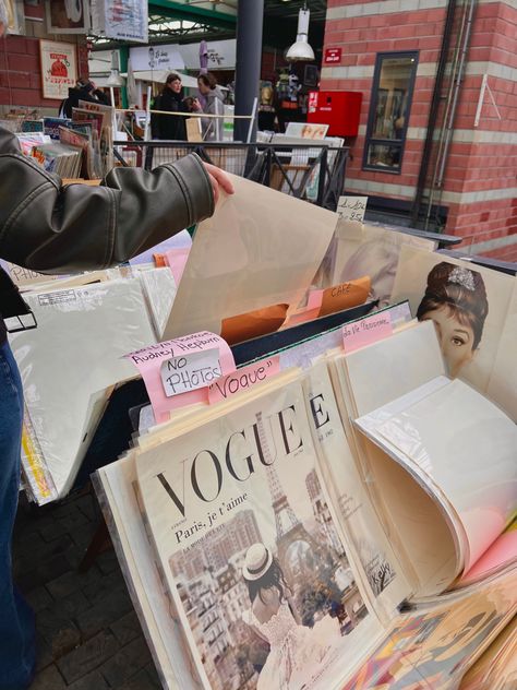 Vogue, fashion, newsstand, prints, flea market, London, Audrey Hepburn, photos, paris, magazine, iconic photos Paris Fashion Student Aesthetic, London Flea Markets, Paris Flea Market Aesthetic, Flea Market Paris, Paris Summer Aesthetic, Ganni Girl, Flea Market Aesthetic, Paris Clothes, Paris Living