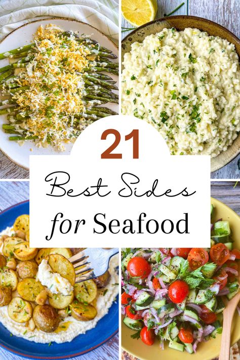 Looking for new sides that are perfect for all your favorite fish and seafood main dishes? Here's your handy guide to 21 simple and delicious side dishes to pair with fish, shrimp and all your best seafood recipes. Pin this one to your favorite recipe board today! Best Sides For Seafood, Fish Recipes Side Dishes, Summer Fish Dishes, Salad For Seafood Dinner, Seafood Vegetable Recipes, Appetizer For Seafood Dinner, Side Salad For Fish Dinner, Side Salad For Fish, Surf And Turf Side Dishes Appetizers