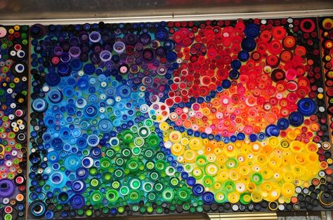 Plastic lid mural in Fort Morgan, CO | Plastic Lid Mural | Pinterest Plastic Bottle Cap Art, Bottle Cap Mural, Bottle Cap Wall Art, Beer Bottle Cap Art, Bottle Top Art, Plastic Bottle Tops, Bottle Cap Wall, Beer Cap Art, Cap Wall