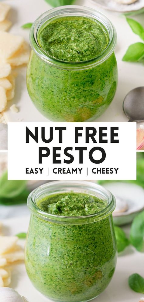 nut free pesto Pesto Recipe No Nuts, Classic Pesto Recipe, Marinades For Chicken, Toasted Rice, Nut Free Pesto, Make Pesto, How To Make Pesto, Nut Recipes, Homemade Pesto