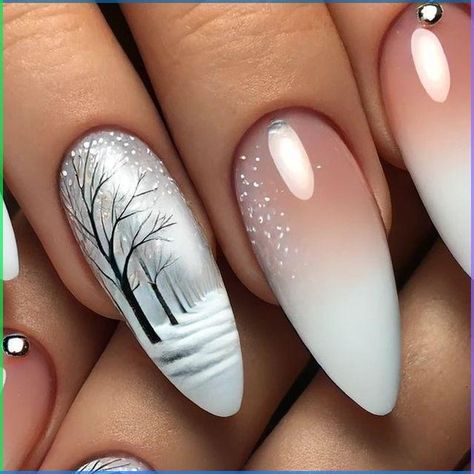 Winter Tree Nail Art, Winter Tree Nails, Nail Cristhmas, Snow Nails Winter White, Christmas Nail Ideas Holiday Simple, Winter Design Nails, Ombre Christmas Nails, Winter Nails Design Ideas, Winter Nails Art