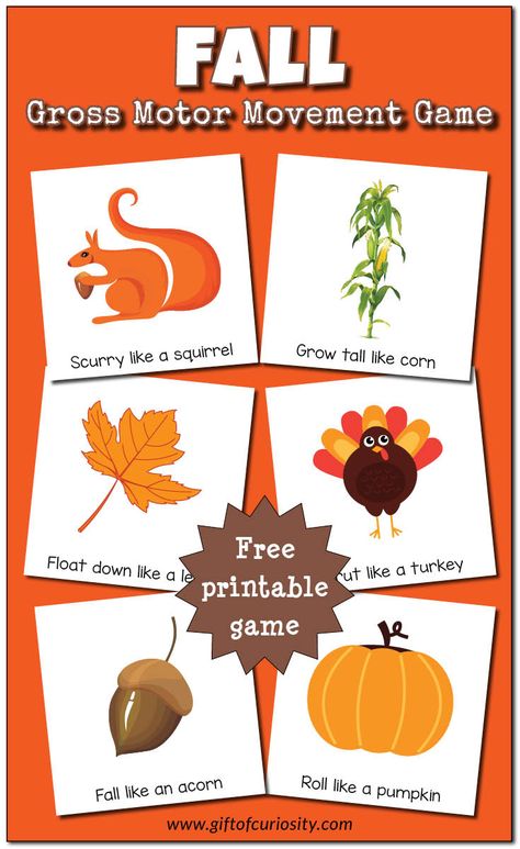 Free printable Fall Gross Motor Movement Game. What a fun idea for giving kids a movement break during the day! || Gift of Curiosity Autumn Preschool Theme, Fall Lesson Plans, Fall Preschool Activities, Fall Lessons, Gross Motor Activities, Autumn Activities For Kids, Fall Preschool, Movement Activities, Toddler Fall