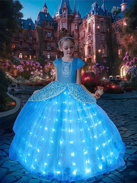 UPORPOR Light Up Cinderella Dress Costume Girls Blue Princess Ball Gown Kids Halloween Outfit Cinder Ella Toddler Vestito #princessdress #disney #disneyprincess #amazon #hellolily #costume #cinderella Princess Costumes For Girls, Botton Down Dress, Kid Dresses, Princess Fancy Dress, Blue Princess Dress, Costume Ideas For Kids, Light Up Costumes, Light Up Dresses, Disney Princess Costumes