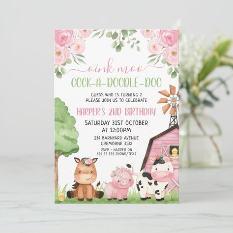 Pink Girls Floral Barn Farm Animals Birthday Invitation  Zazzle Simple Birthday Invitations, Girls Farm Birthday, Calling All Party Animals, Animals Birthday Invitation, Farm Invitation, Farm Animals Birthday, Floral Farm, Barnyard Birthday Party, Farm Birthday Invitation