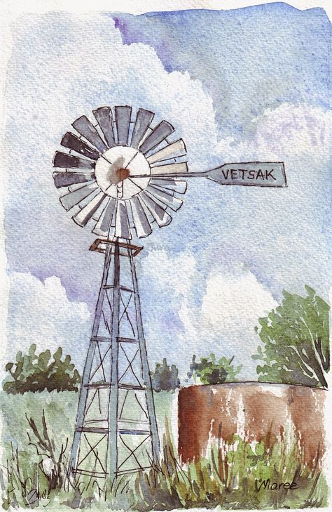 Windmill Drawing, Farm Windmill, Windmill Art, Art And Creativity, Arte Folk, Farm Paintings, Watercolour Landscape, Barn Painting, Pastel Sec