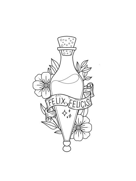 Harry Potter Potion Drawing, Embroidery Designs Harry Potter, Harry Potter Tattoo Designs Drawings, Harry Potter Felix Felicis Tattoo, Harry Potter Potion Tattoo, Felix Felicis Drawing, Harry Potter Doodles Drawings, Hp Doodles, Harry Potter Line Art