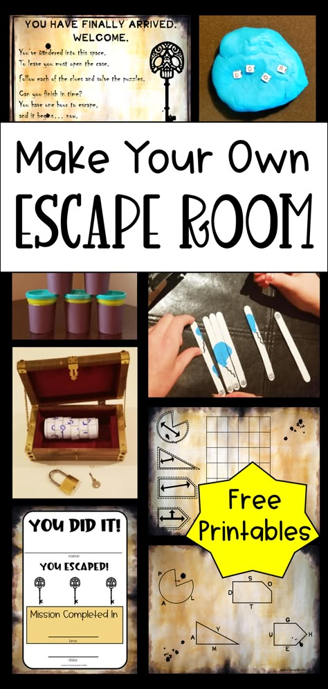 The pin shows four printable escape room puzzles, letters in play dough, popsicle stick clues and a locked box with a puzzle inside. How To Set Up An Escape Room, Homeschool Escape Room, Escape Room Gift Card Ideas, Halloween Escape Room Middle School, Escape Room Board Game, Mini Escape Room Diy, Classroom Escape Room Ideas, Diy Puzzles For Adults, Making Your Own Escape Room