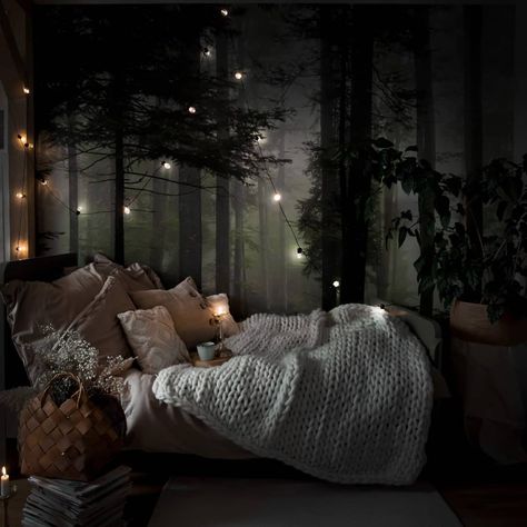 If you're looking for a bedroom that's dark and inviting, look no further than this bedroom aesthetic. Featuring a dark wood flooring and walls, this bedroom will give you the perfect atmosphere for sleep and relaxation. Forest Bedroom Aesthetic, Gardening Tattoos, Bedroom Aesthetic Dark, Drawing Bedroom, Gardening Drawing, Dark Cozy Bedroom, Forest Bedroom, Home Decor Ideas Bedroom, Bedroom Ideas Romantic