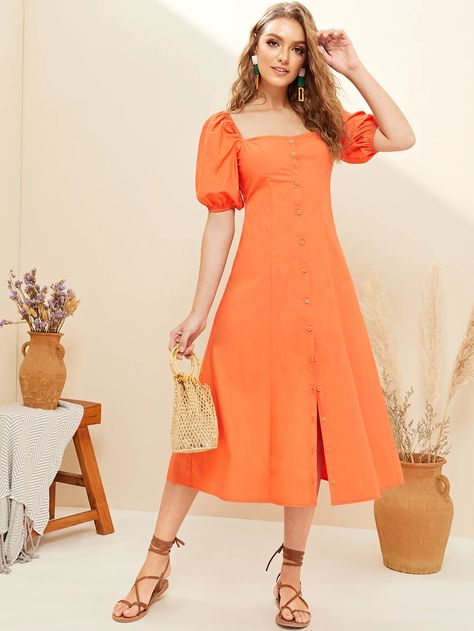 Cotton Dress Summer, Long Midi Dress, Cotton Midi Dress, Orange Fashion, Boho Look, Stretch Dress, Bohemian Dress, Cheap Dresses, Orange Dress