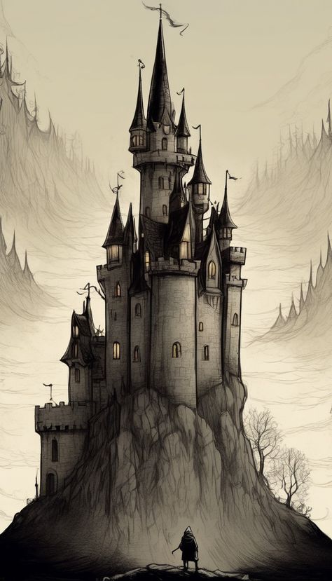 Illustration, he looks at the castle Fantasy Castle Illustration, Fairy Castle Drawing, Midevil Castle Drawings, Old Castle Drawing, Gothic Castle Drawing, Castle Drawings, Illustration Castle, Midevil Castle, Disney Castle Drawing